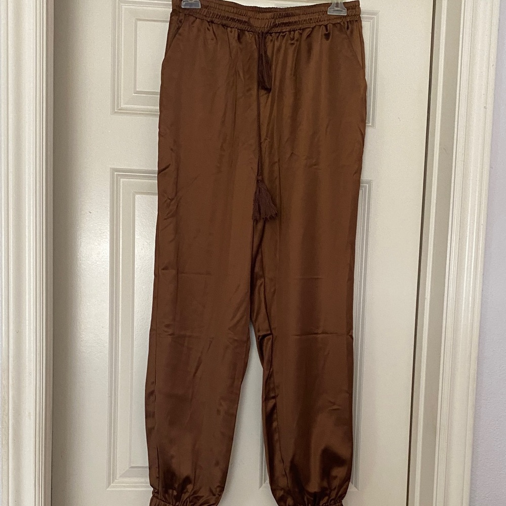 Allegra K Brown Satin Drawstring Joggers